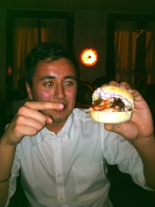 PJ demonstrating how to eat pork neck